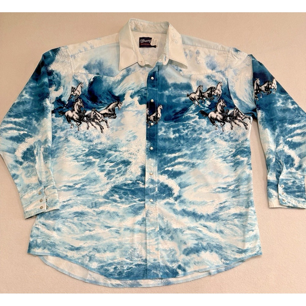 Vtg Wrangler Pearl Snap Shirt Men's SZ XXL Horses Waves Ocean Water Cowboy 1990s